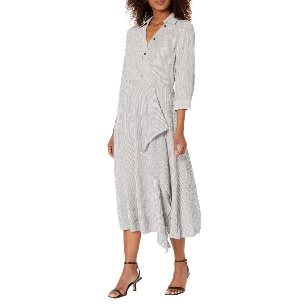 Calvin Klein Midi White and Gray Striped Shirt Dress Size 10